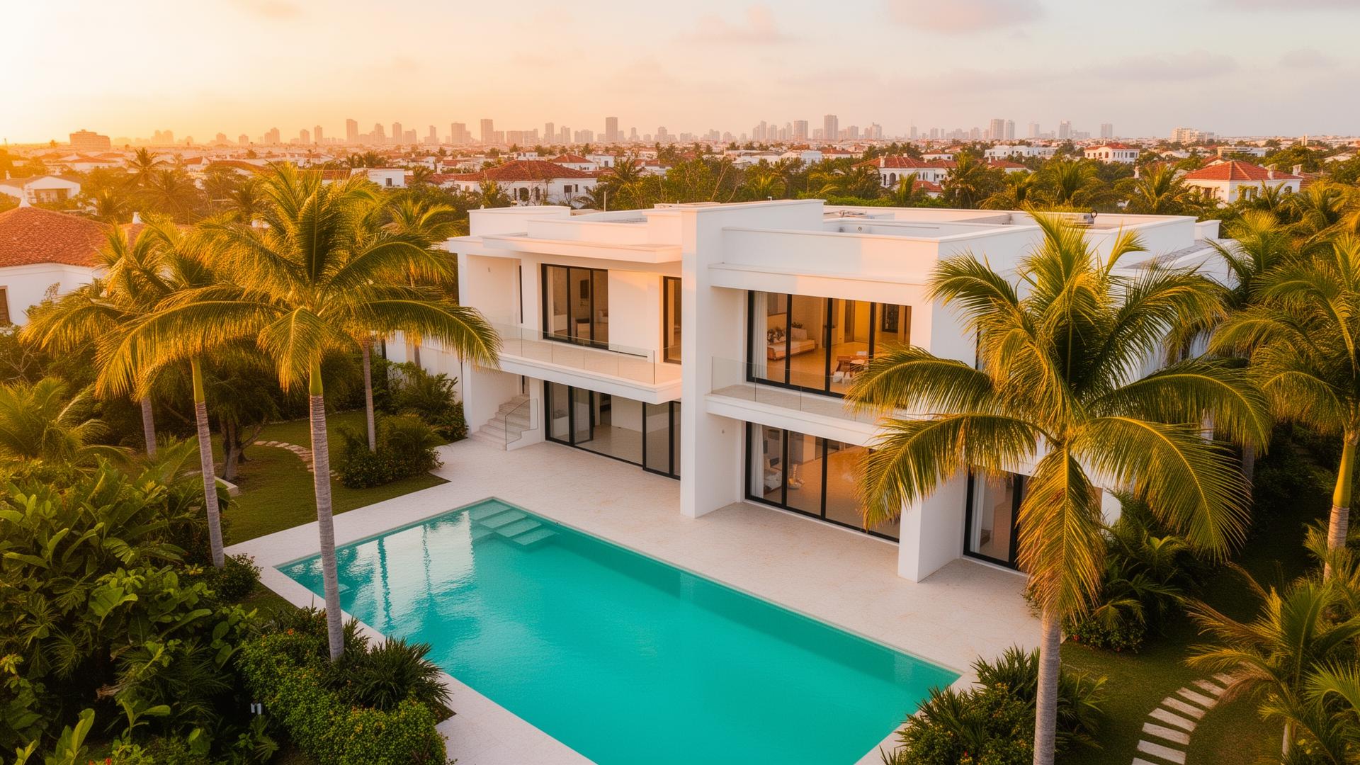 Stunning modern luxury villa in Lagos with pool and tropical landscaping at golden hour