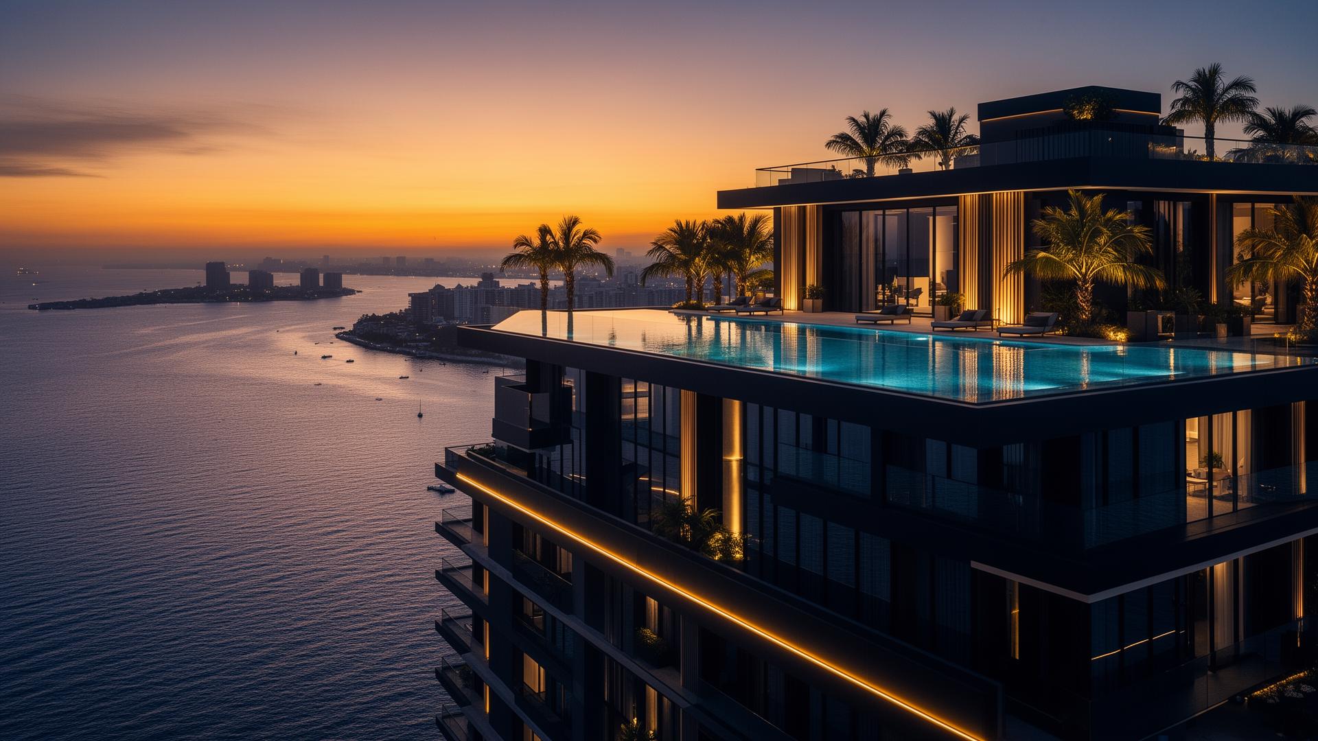 Luxury waterfront residential tower in Lagos at twilight